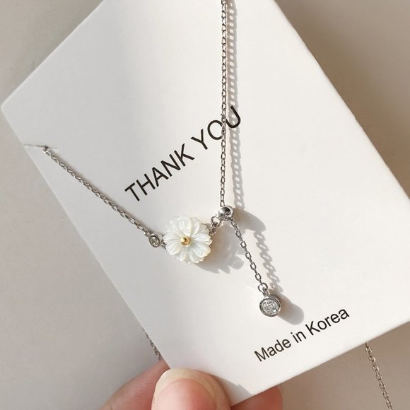 *NEW 925 Silver Shell Daisy Diamond Drop Necklace - Picture 7 of 11
